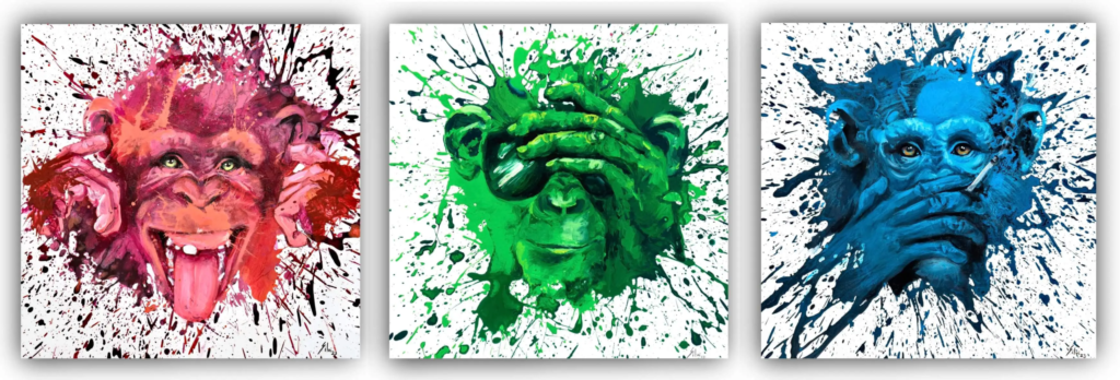 Triptych of three expressive abstract monkey paintings by Silvi The Artist, inspired by the “see no evil, hear no evil, speak no evil” concept.
