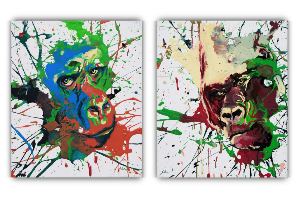 Nature Instincts Vibrant abstract gorilla portrait diptych with expressive splatter paint in green, blue, red and yellow by SILVI The Artist. In the "NATURE INSTINCTS" series, the spilled paint is a symbol of the energy and unpredictability of nature.