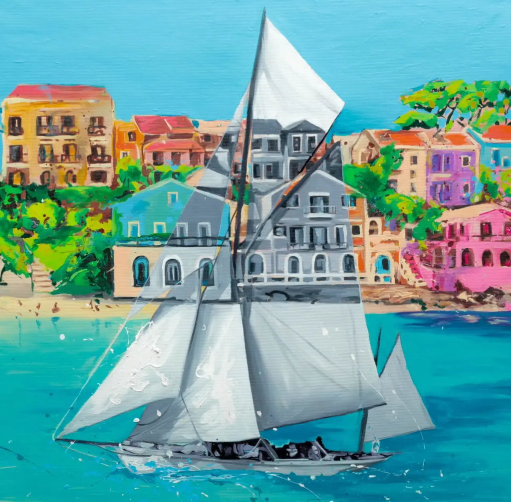 Vibrant coastal scene painting of a classic sailboat with white sails gliding past colorful Mediterranean-style buildings in Assos harbor, turquoise waters and lush green hills by SILVI The Artist