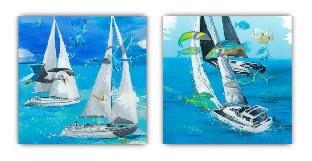 SAILING: Contemporary Mixed Media Painting Series by SILVI (2024/2025) 4 Vibrant sailing diptych featuring sailboats surrounded by soaring seagulls on the left and colorful tropical fish leaping around masts on the right, in dynamic turquoise ocean blues by SILVI The Artist
