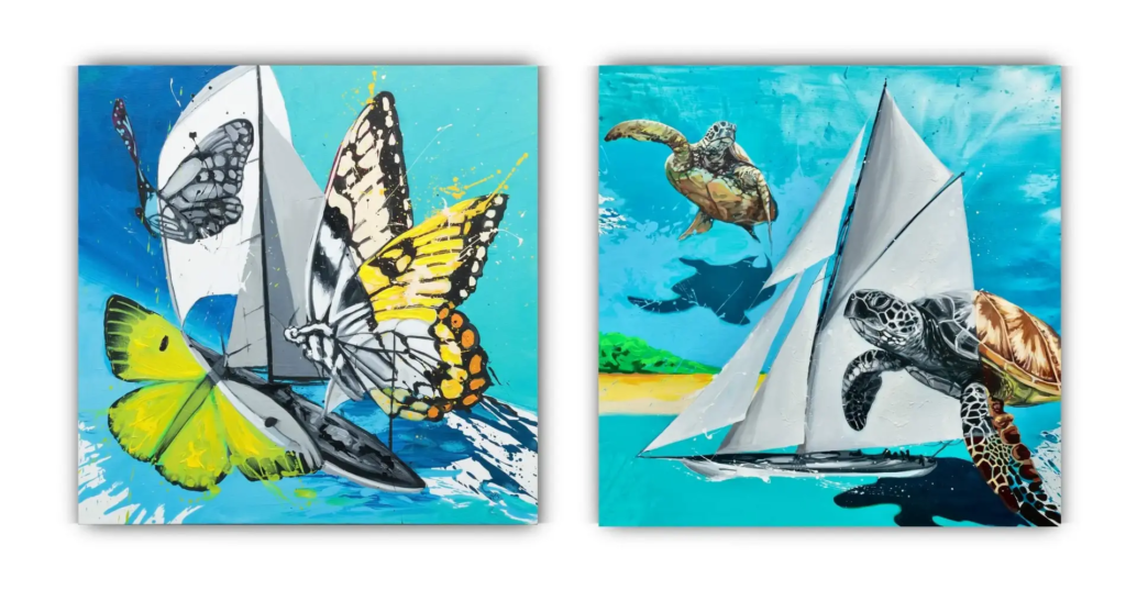 SAILING: Contemporary Mixed Media Painting Series by SILVI (2024/2025) 5 Playful sailing diptych featuring a large vibrant butterfly merging with white sails on the left and a majestic sea turtle guiding a sailboat amid turquoise waves on the right by SILVI The Artist