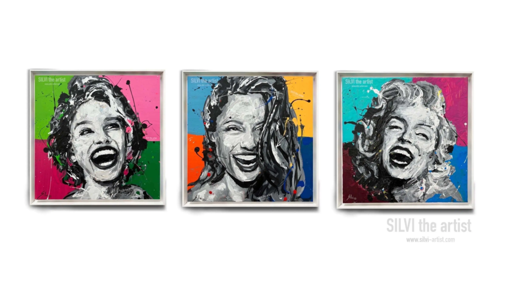 Three icons riptych in vibrant abstract expressionist style with joyful laughing expressions and colorful splatter effects by SILVI The Artist - Julia Roberts , Angelina Jolie and Marilyn Monroe.