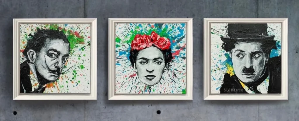 Triptych of iconic portraits – Salvador Dalí, Frida Kahlo, Charlie Chaplin in vibrant abstract splatter style by SILVI The Artist