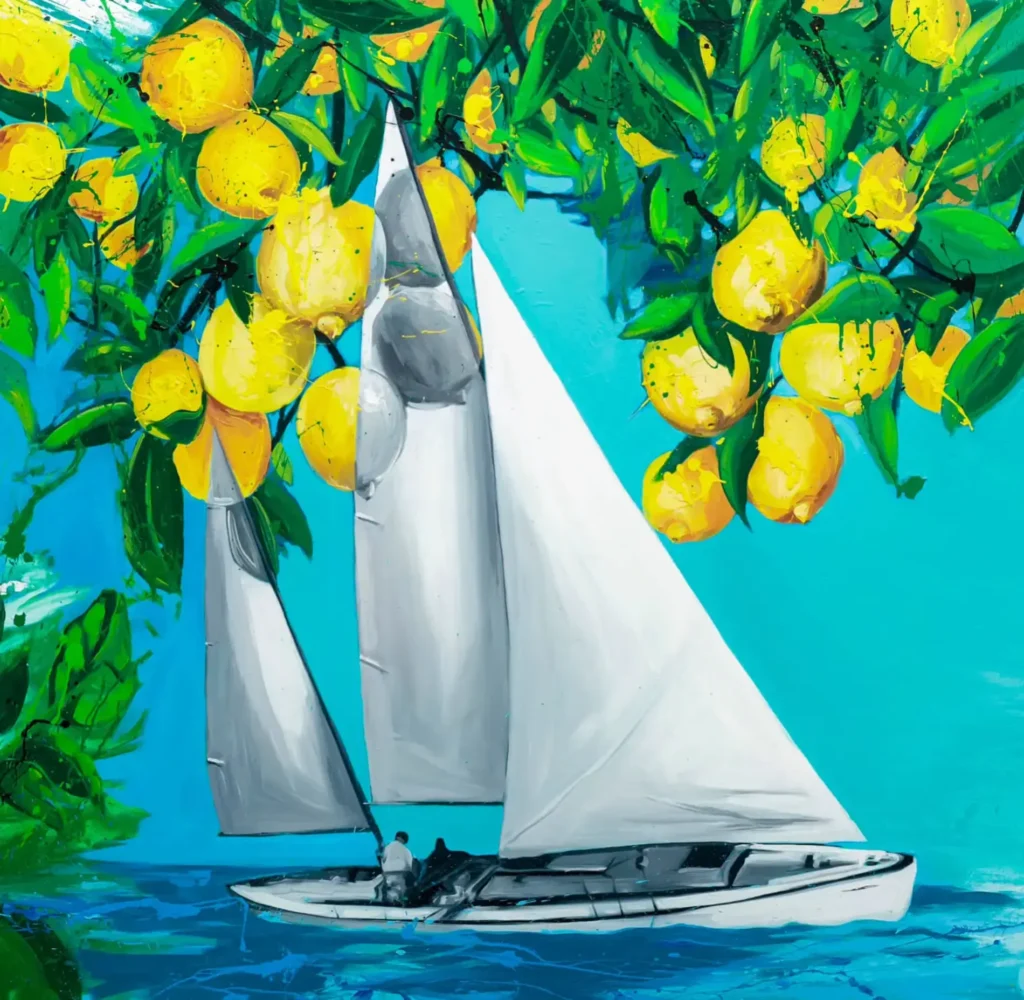 SAILING: Contemporary Mixed Media Painting Series by SILVI (2024/2025) 2 Vibrant Mediterranean-inspired seascape painting featuring a sailboat gliding under a canopy of lush green lemon branches heavy with bright yellow lemons, turquoise ocean waves, and a couple aboard by SILVI The Artist