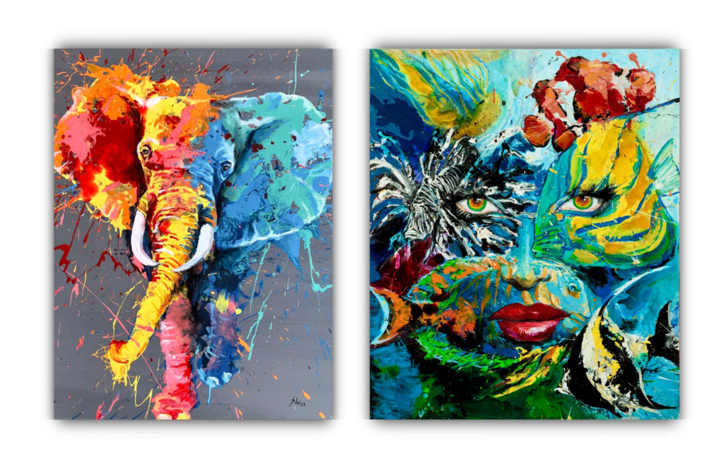 Vibrant abstract diptych featuring a majestic multicolored elephant and an expressive aquatic face fused with tropical fish elements by SILVI The Artist