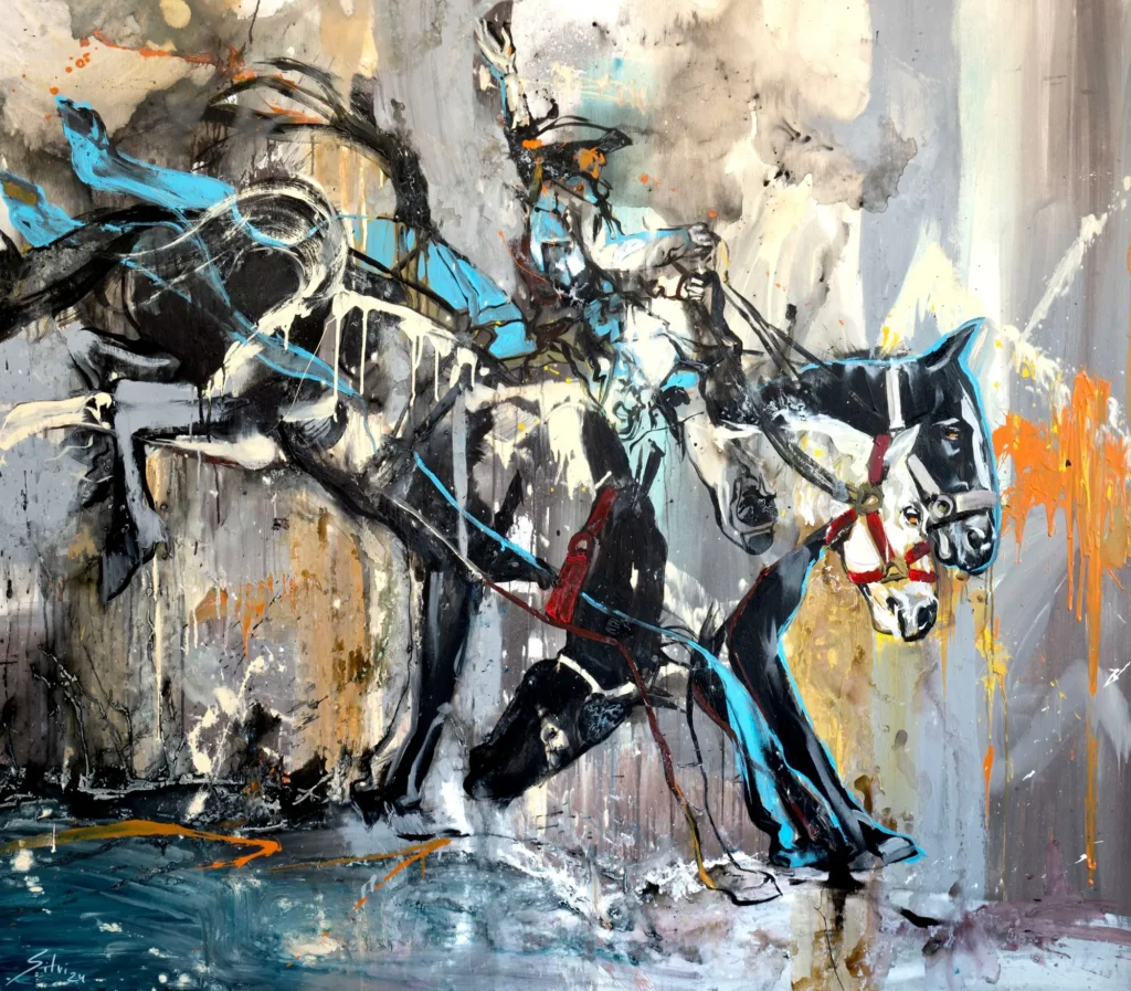 Dynamic abstract expressionist painting by SILVI The Artist featuring a rider on a galloping black and white horse with bold blue accents and energetic drips