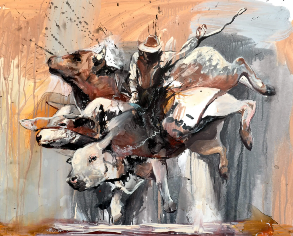 Explosive contemporary painting by SILVI The Artist titled “Cyclone” from the WILD series, showing a rodeo rider thrown amid a chaotic cluster of bucking bulls in dynamic motion