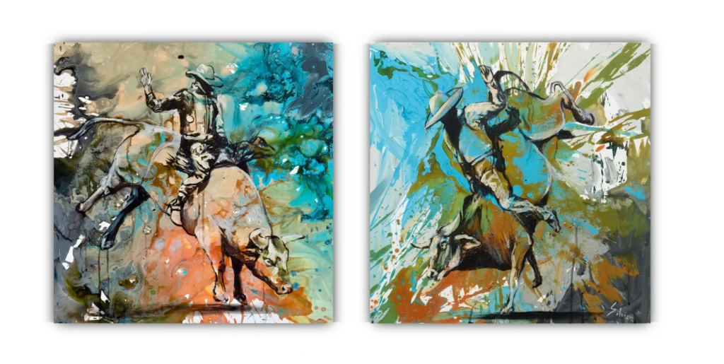 Diptych set of two dynamic rodeo paintings by SILVI The Artist from the WILD series: “Dust and Hooves” (left) showing a cowboy riding a bucking bull in turquoise and earthy tones, and “Splashing” (right) capturing intense bull-riding action with vibrant blue splashes and motion