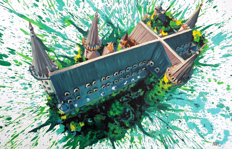 Contemporary abstract painting of a stylised architectural structure with dynamic green splashes by SILVI The Artist.