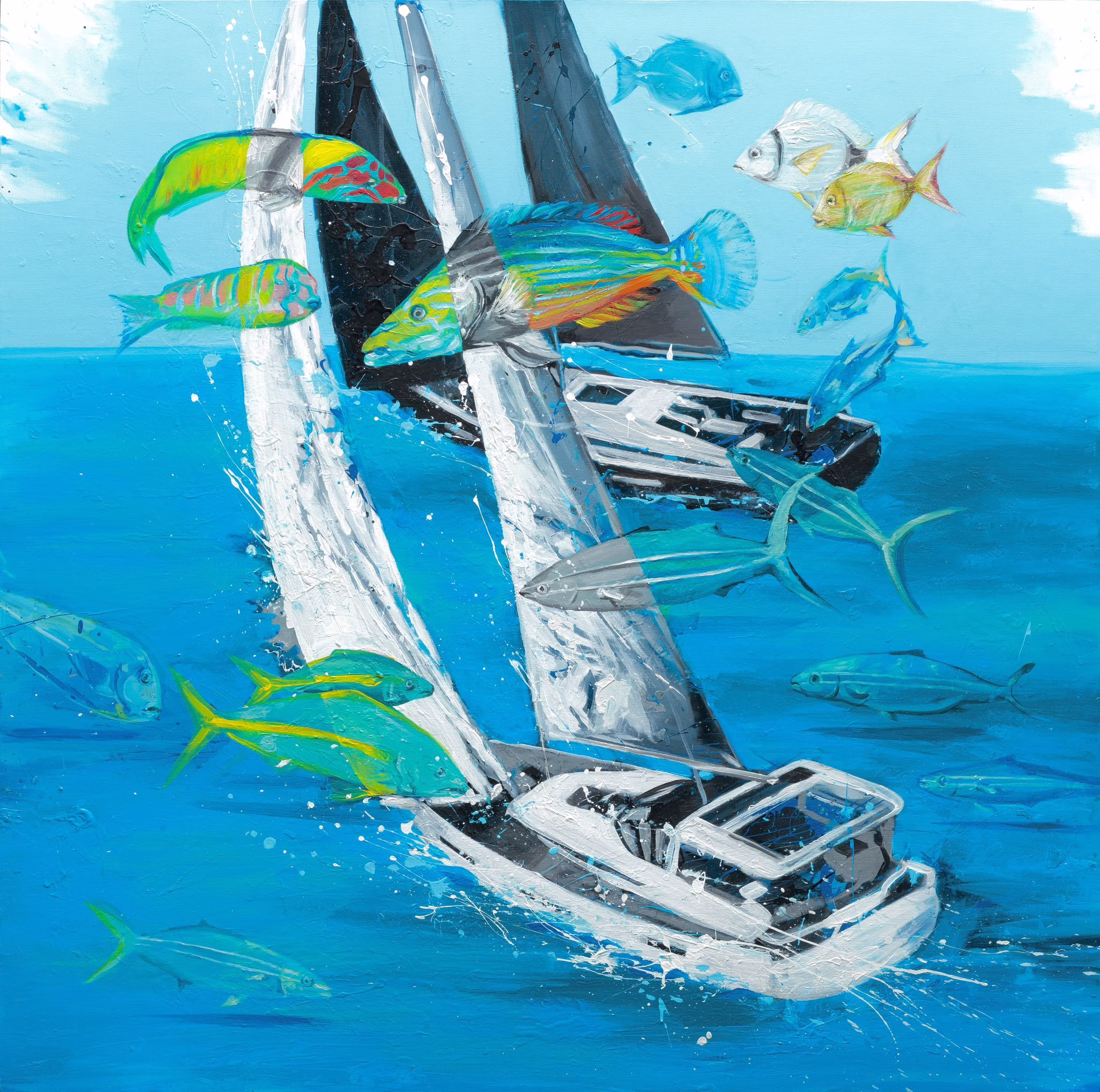FISHING — original painting by SILVI The Artist. Sailing series 2025. Mixed media on canvas 120x120cm.
