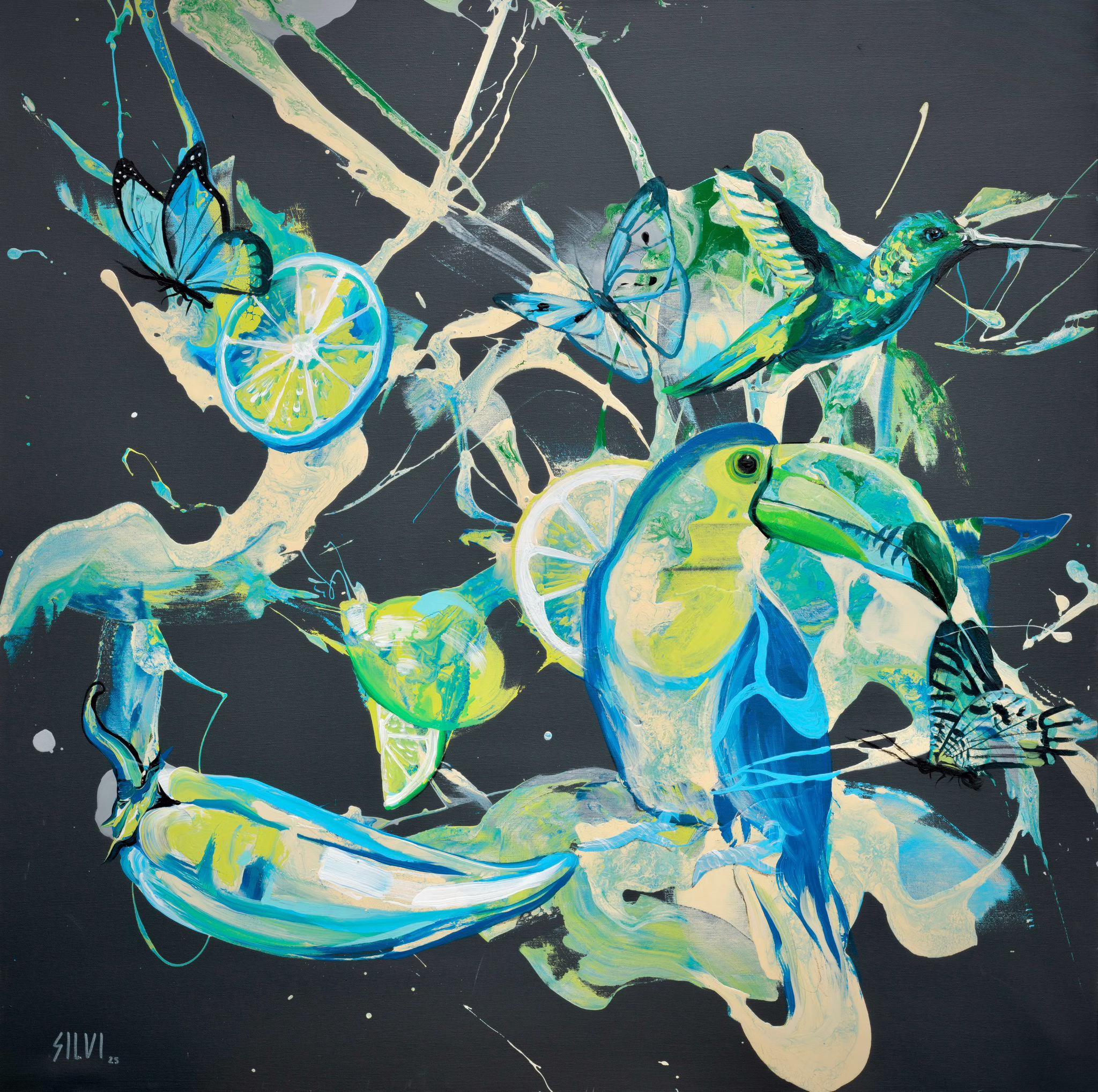 FUSION — original painting by SILVI The Artist. Liquid Bloom series 2025. Acrylic on canvas 100x100cm.
