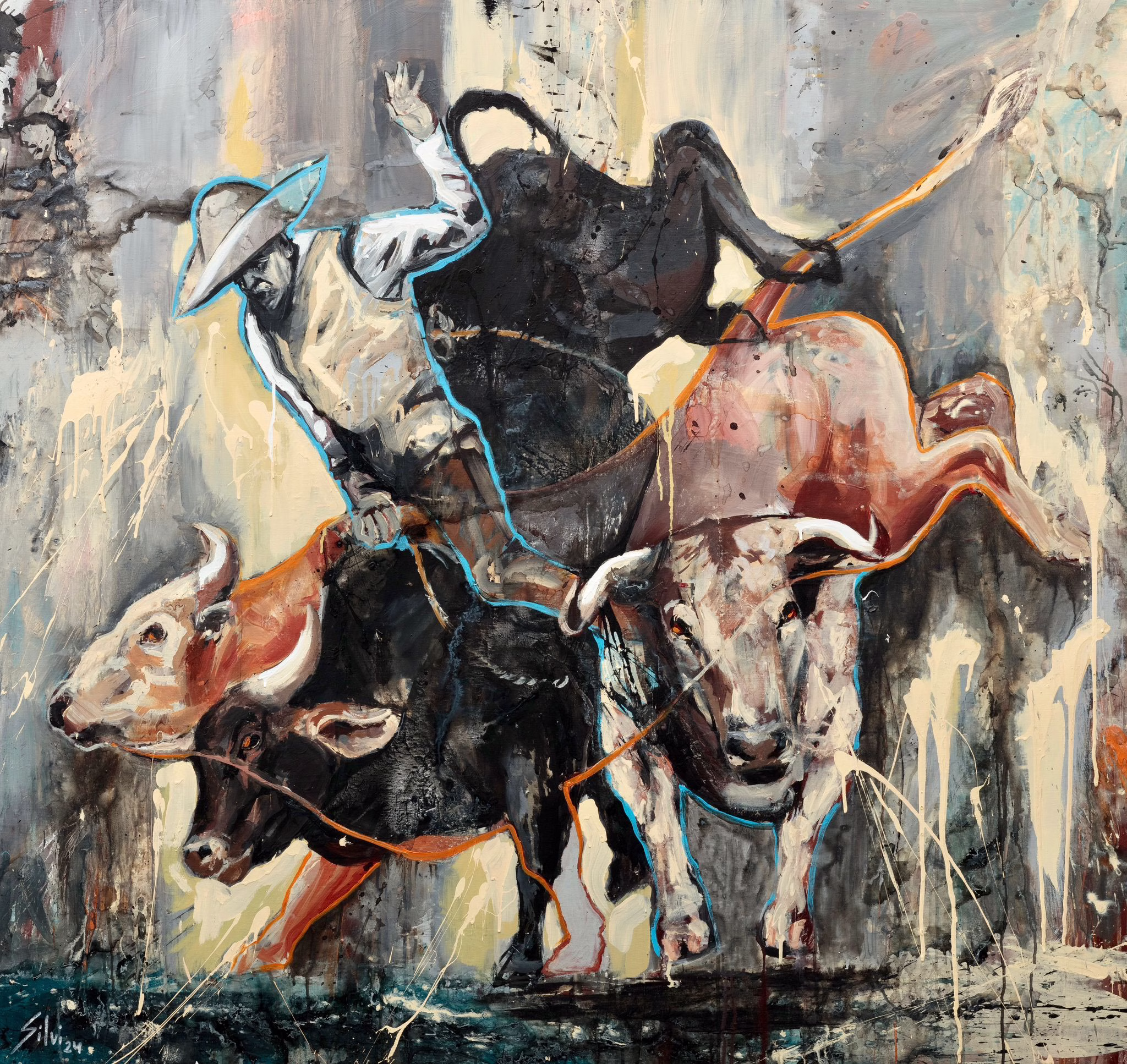 IN THE RAIN — original painting by SILVI The Artist. Rodeo series 2024. Acrylic on canvas 150x140cm.