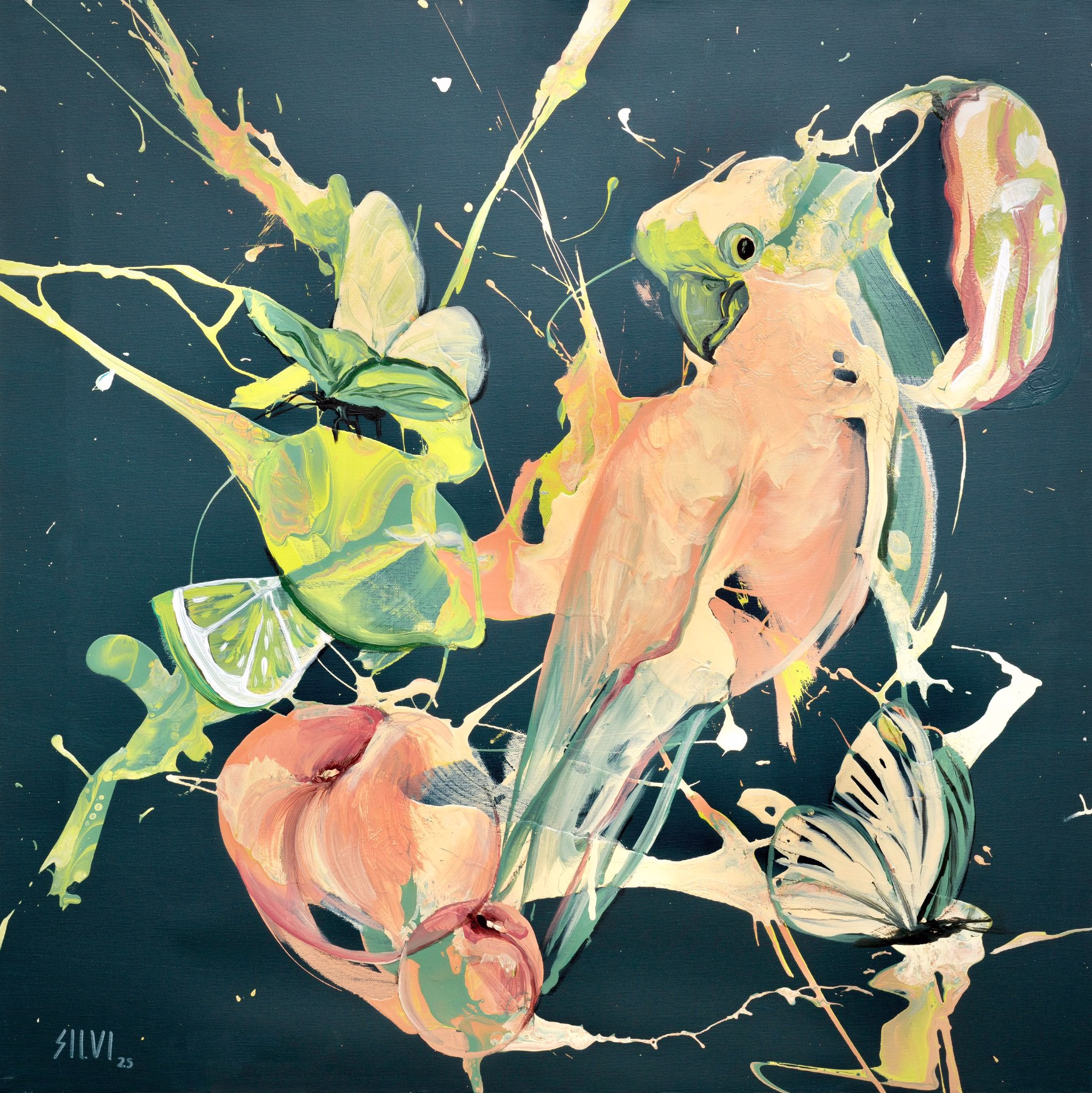 SPICY — original painting by SILVI The Artist. Liquid Bloom series 2025. Acrylic on canvas 80x80cm.