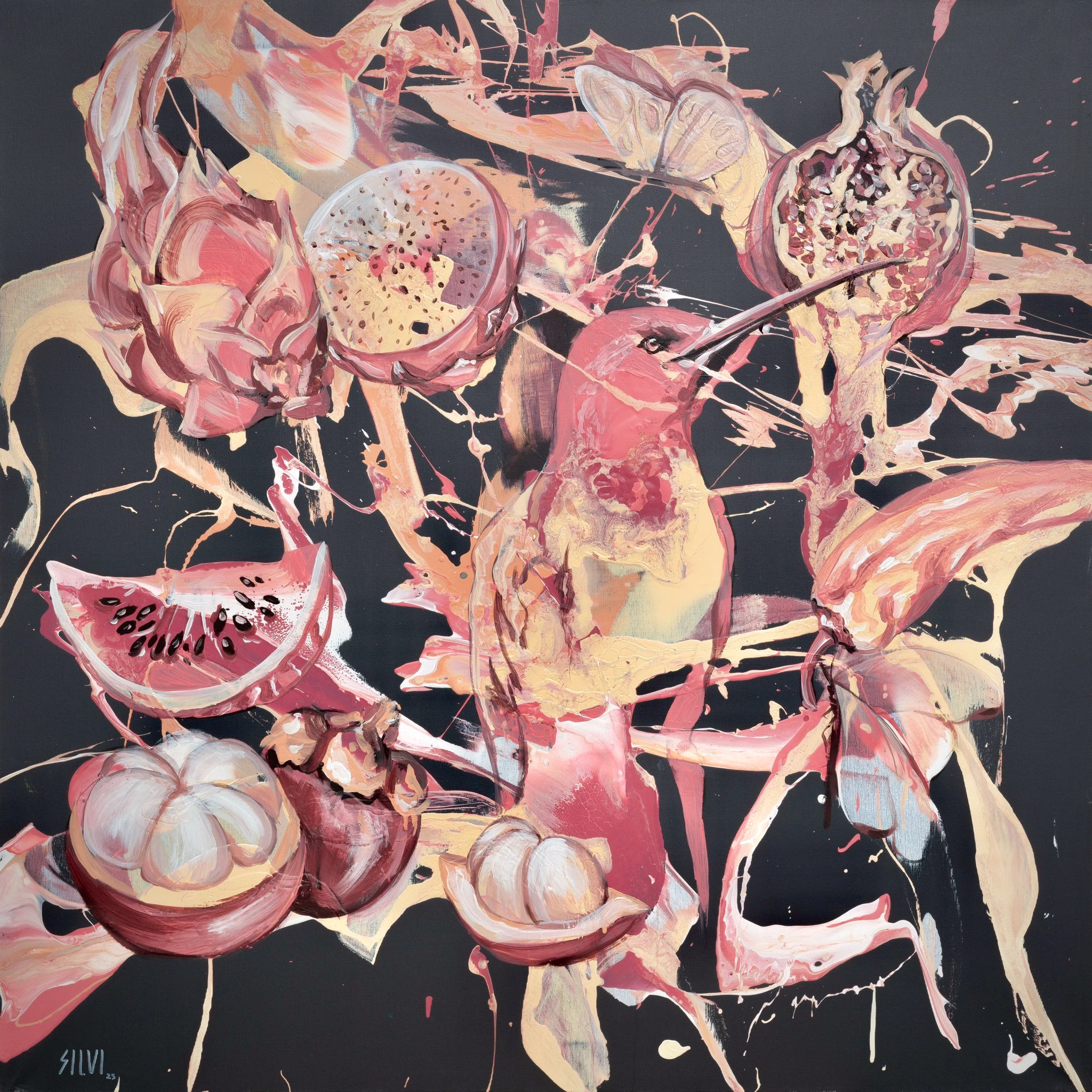 TROPIC — original painting by SILVI The Artist. Liquid Bloom series 2025. Acrylic on canvas 100x100cm.