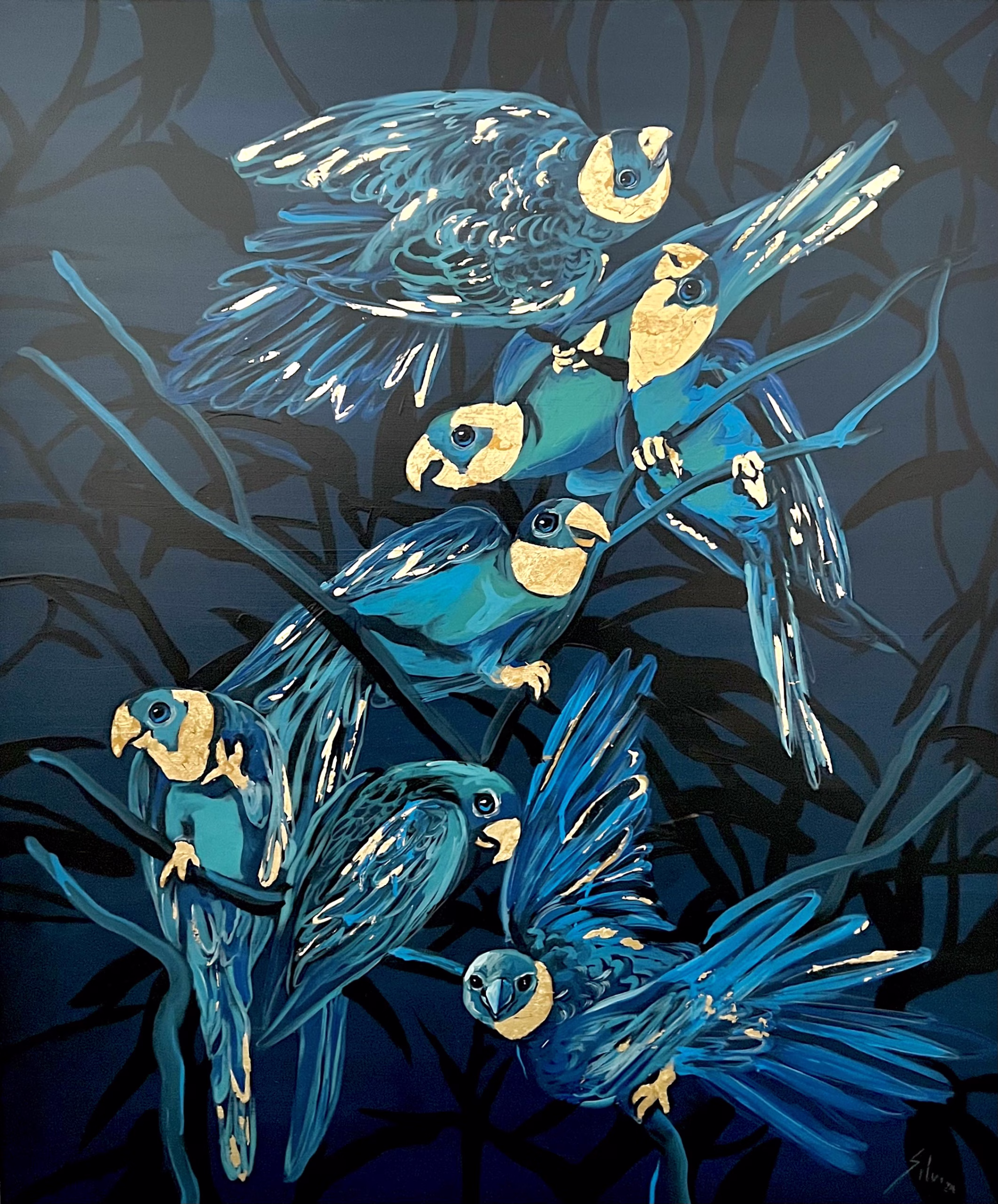Blue Parrots with Gold - Original painting by SILVI The Artist, Mix series