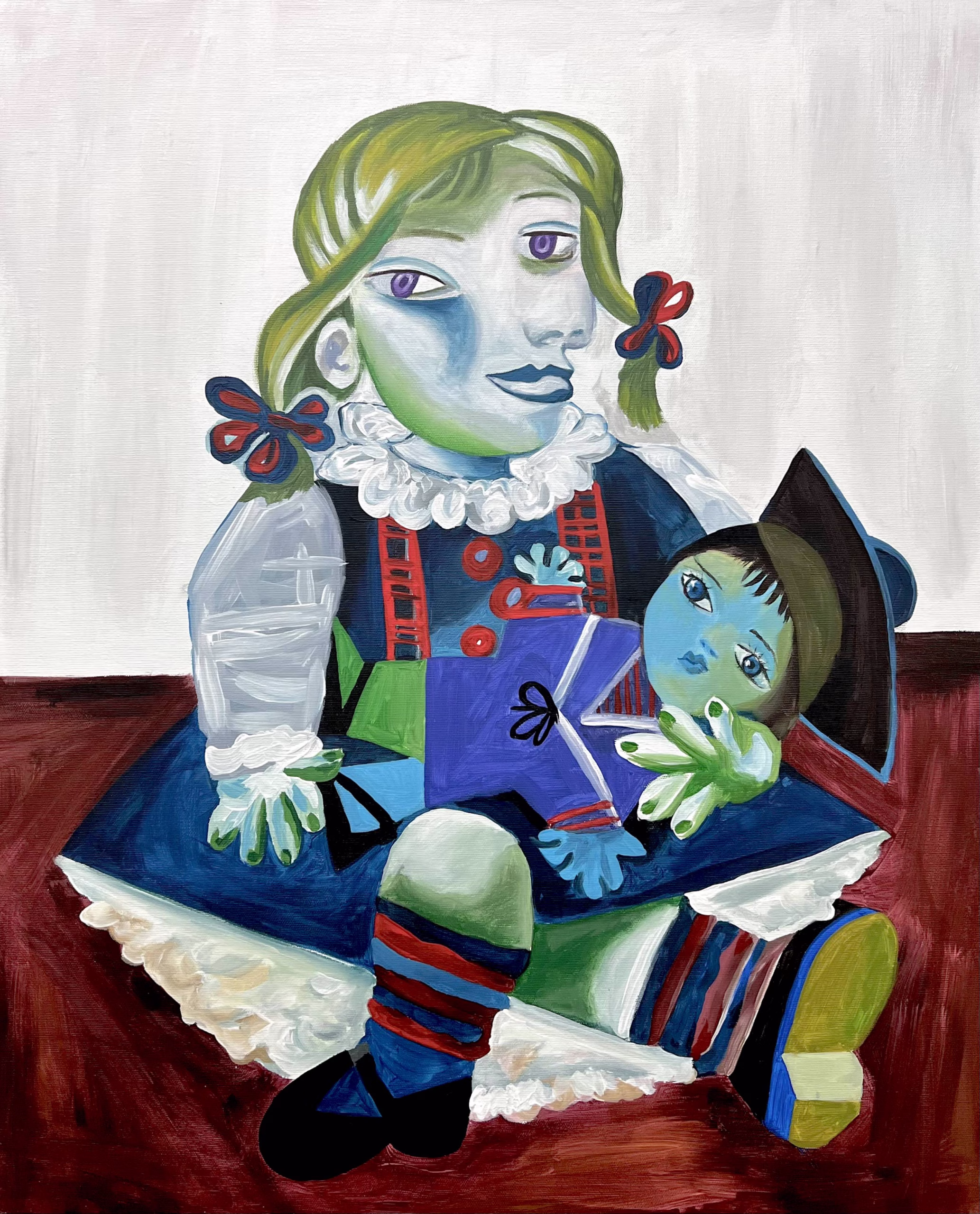 Maya with her doll - Original painting by SILVI The Artist, Mix series
